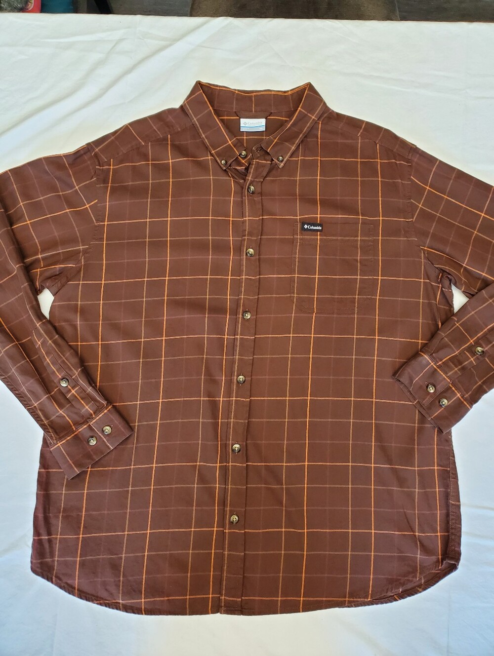 Columbia Mens XL Brown Windowpane Plaid Button Down Shirt Long Sleeve Stretch